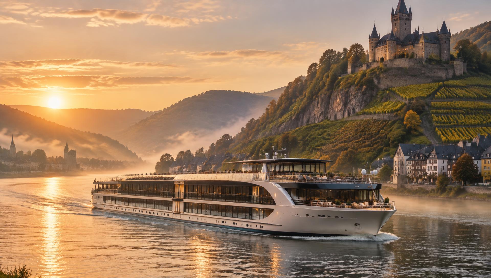Luxury European river cruise ship on the Rhine at sunset