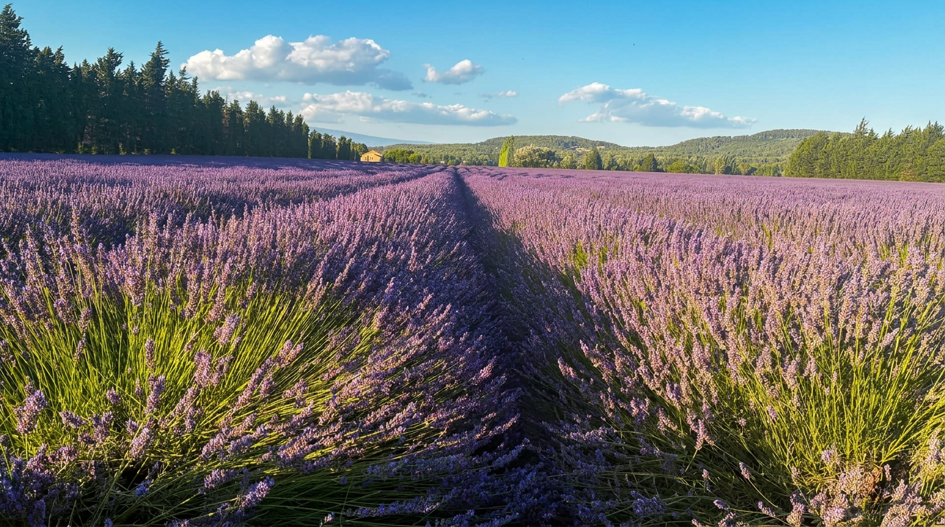 Rows of lavender in bloom across a Provence field in early summer