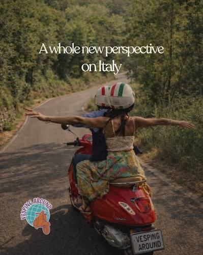 A couple riding a vintage Vespa past vineyards and cypress trees in Tuscany, Italy