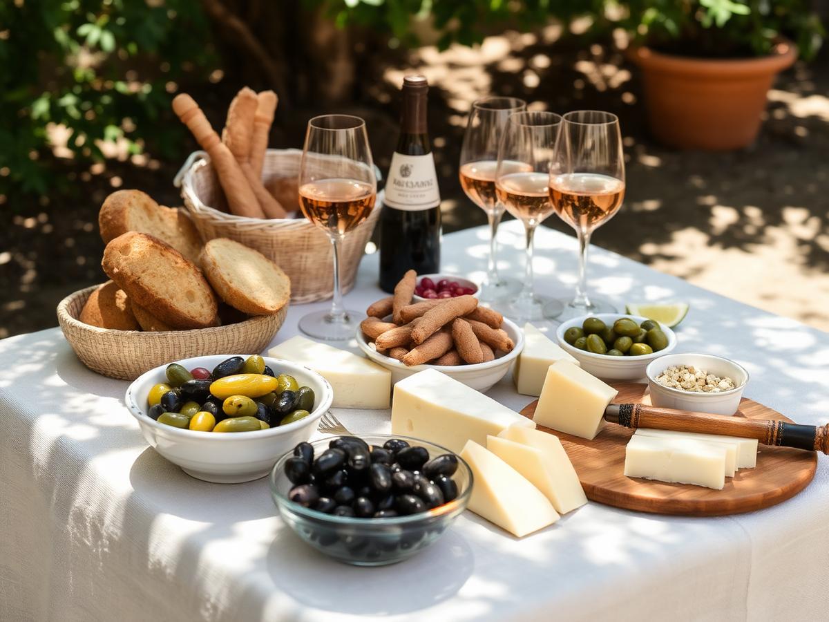 A Provençal market table laid with local produce, cheese and wine in the south of France