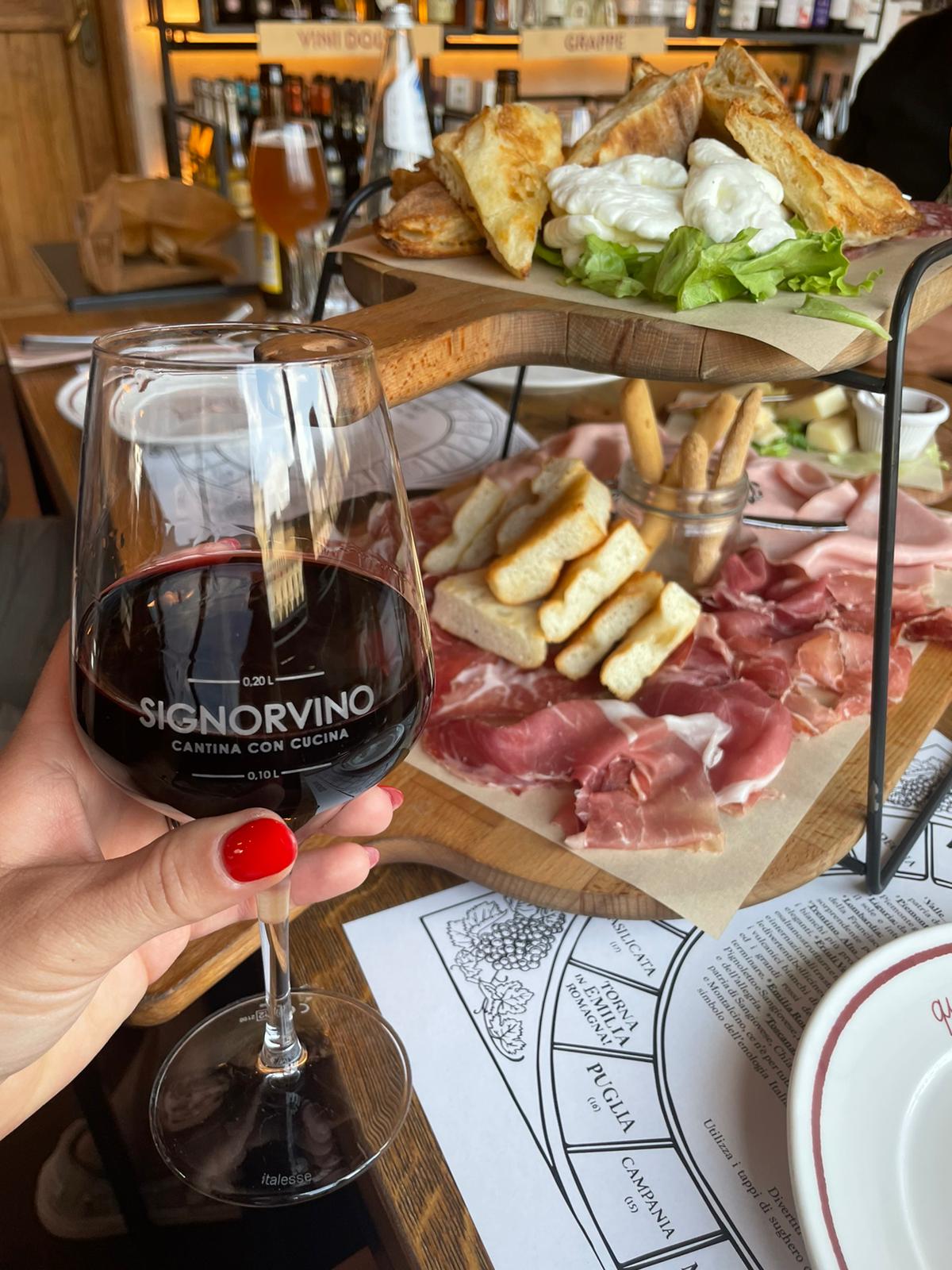 Italian charcuterie board with cured meats, cheese and a glass of red wine