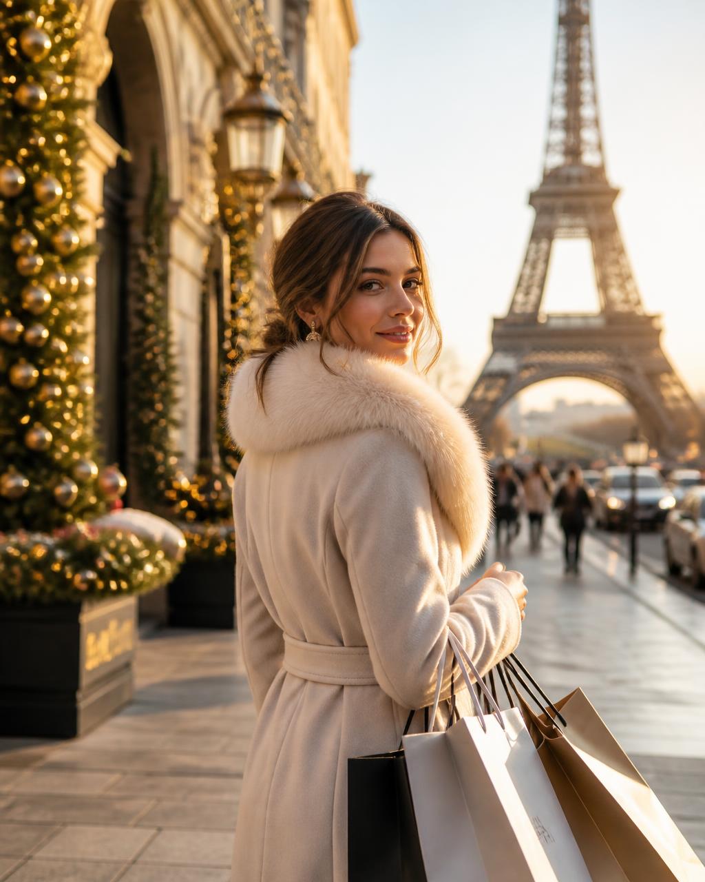 Woman with shopping bags and the Eiffel Tower in Paris