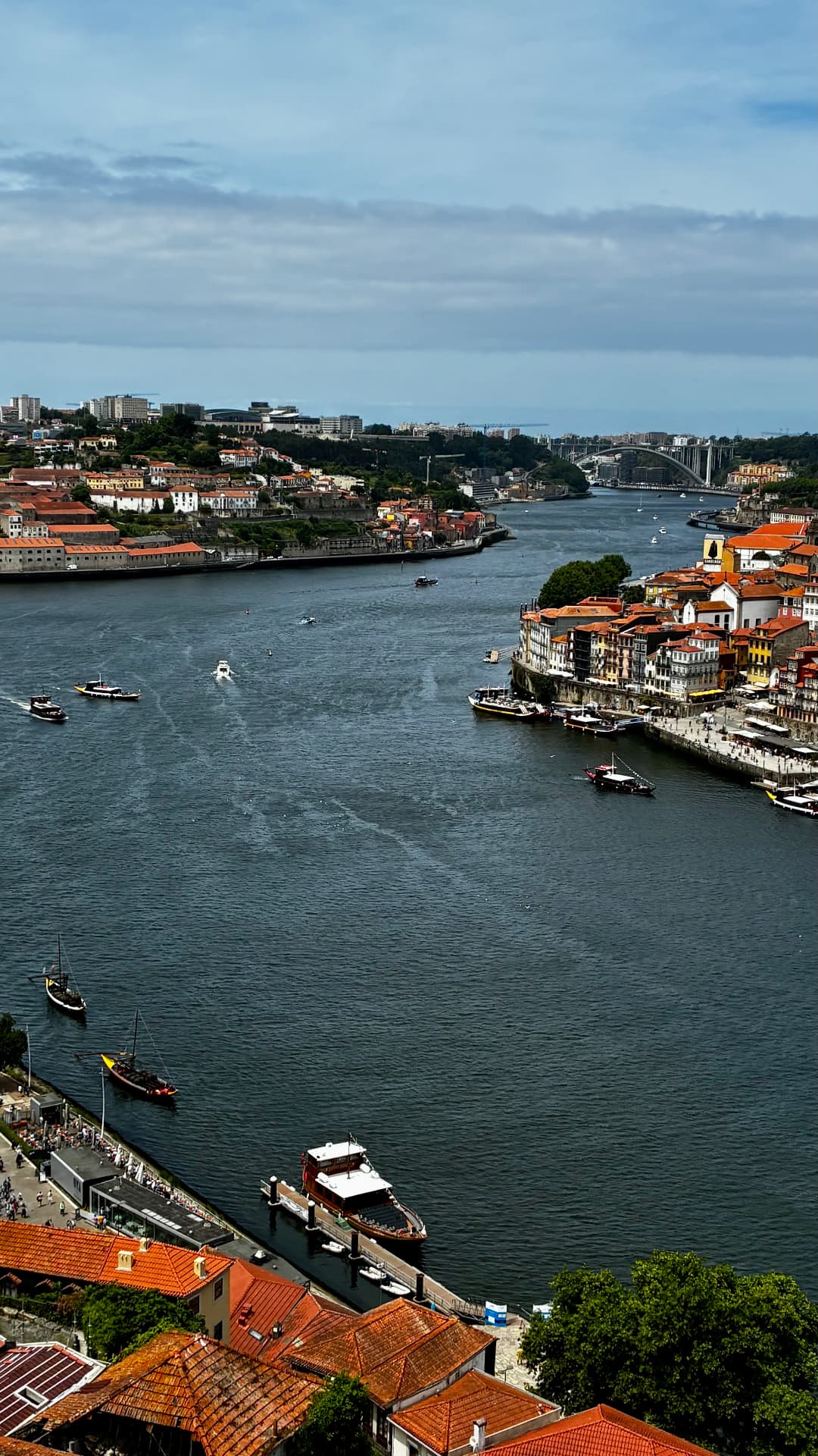 View over the Douro River and Porto's terracotta rooftops with rabelo boats