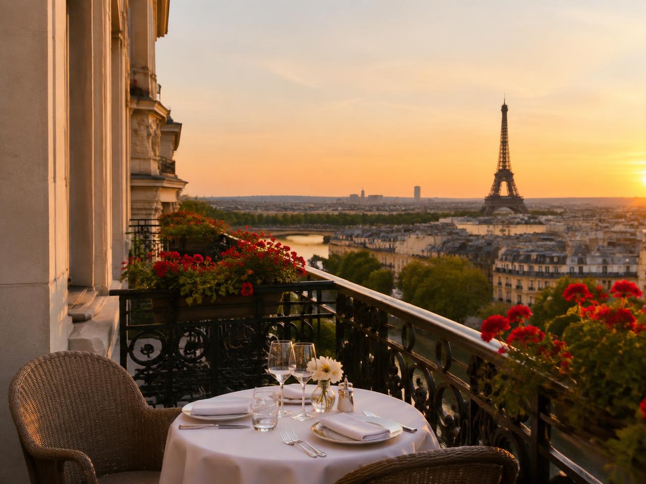 Table set for two on a Paris hotel balcony with the Eiffel Tower at sunset
