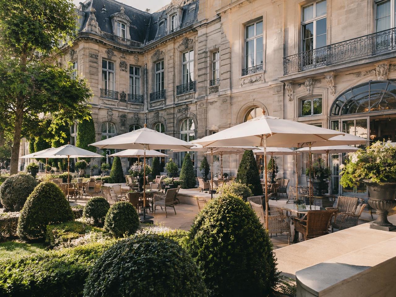 Garden courtyard terrace with white parasols at a luxury palace hotel in Paris, France