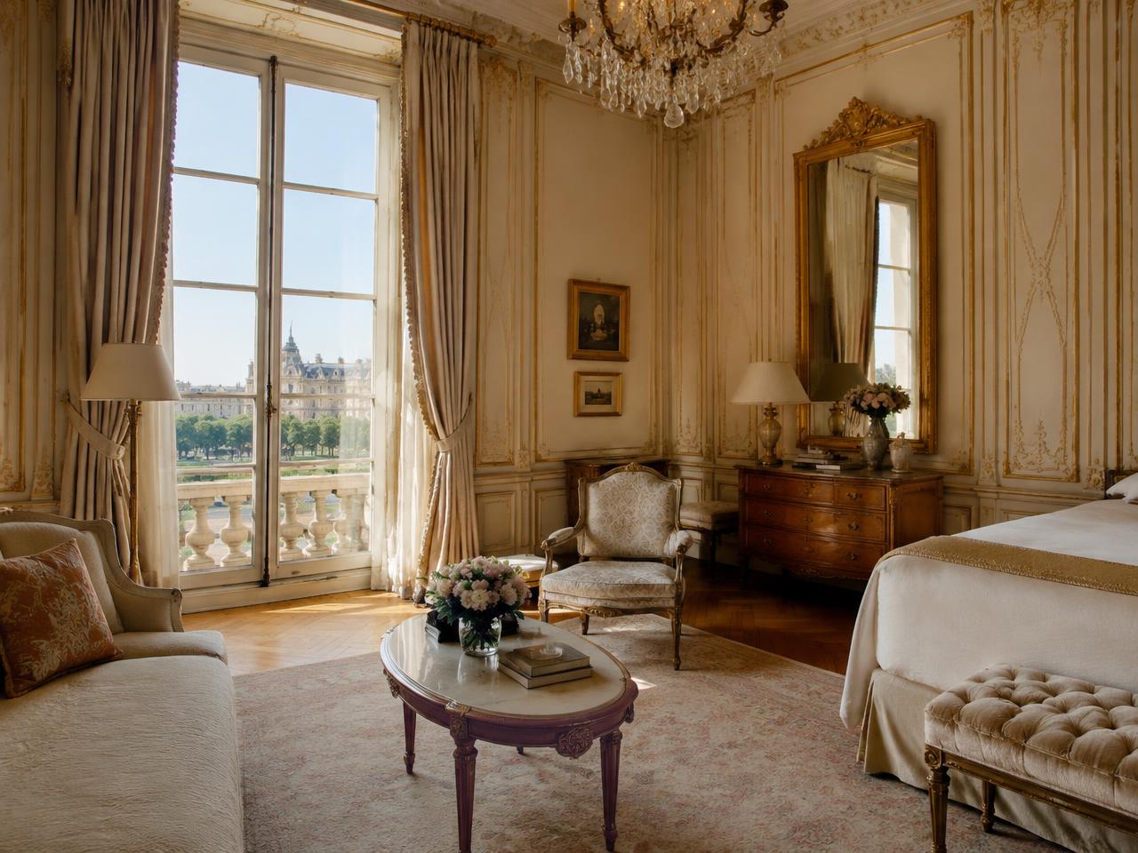 Gilded luxury hotel suite with tall French windows overlooking the Tuileries in Paris, France