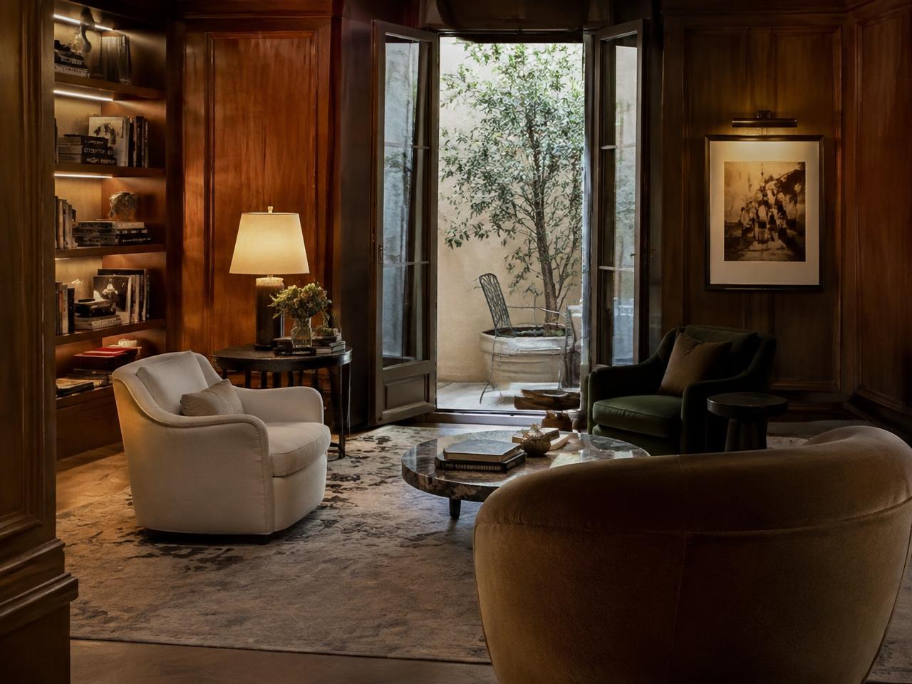 Wood-panelled boutique hotel salon with designer armchairs in Rome, Italy