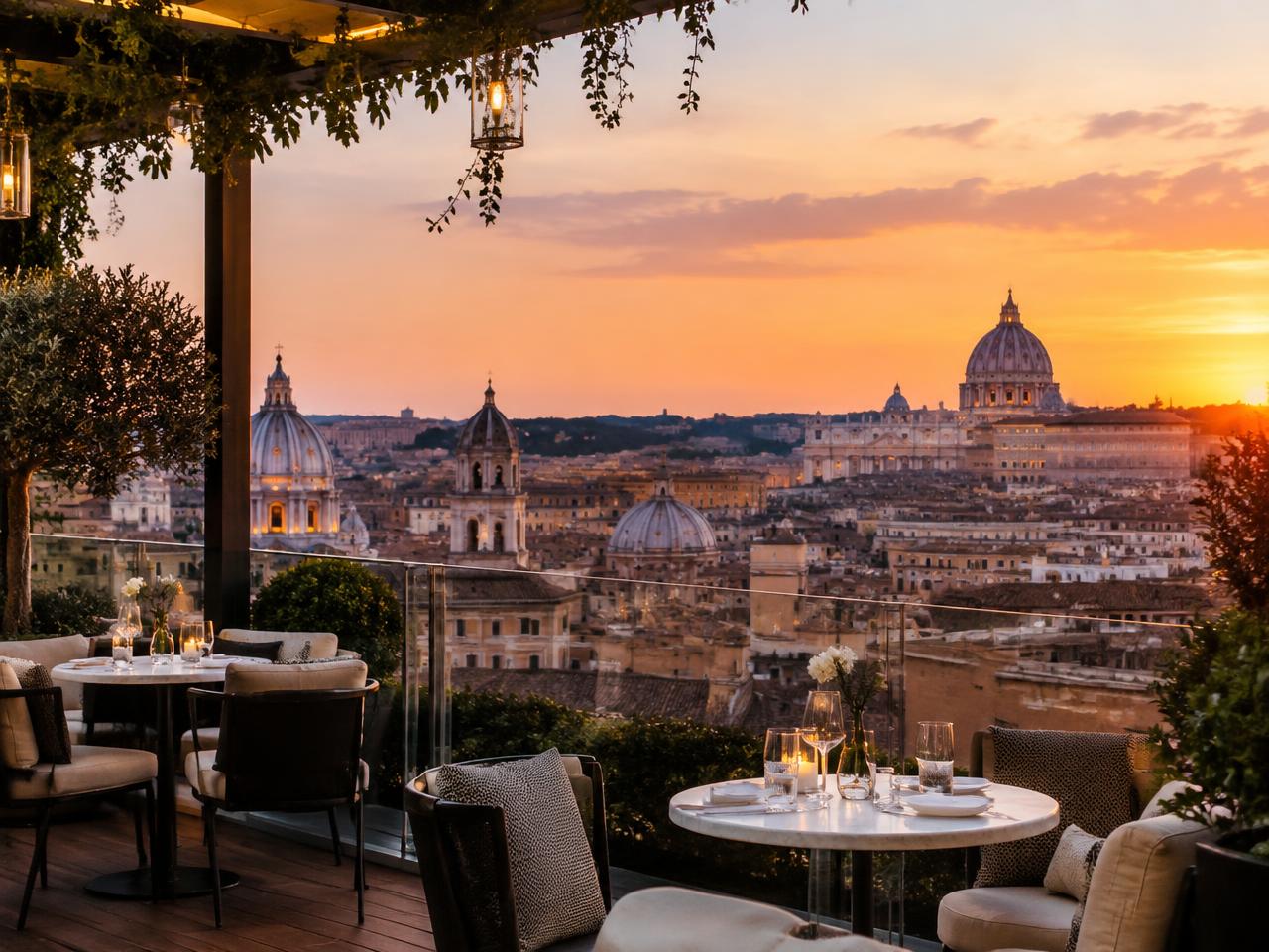 Rooftop terrace at sunset overlooking the domes of Rome, Italy