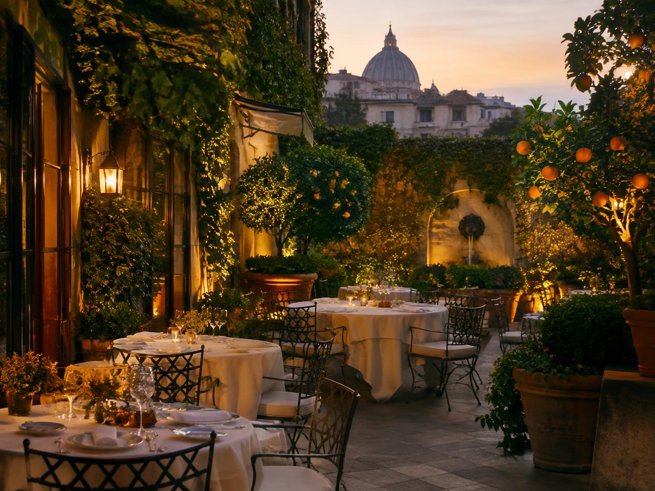 Candlelit garden terrace restaurant with orange trees at a luxury hotel in Rome, Italy