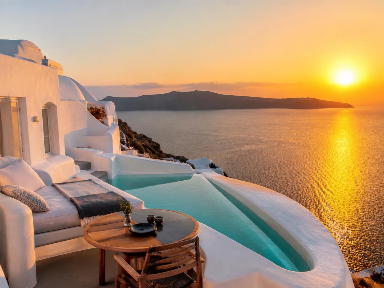 Whitewashed cave suite with a private infinity plunge pool above the Santorini caldera at sunset