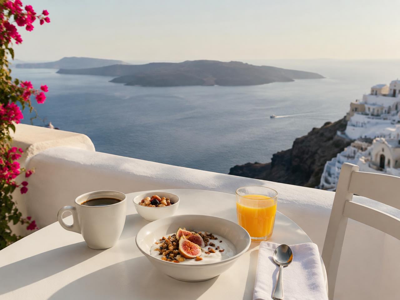 Breakfast on a white terrace overlooking the Santorini caldera in Greece